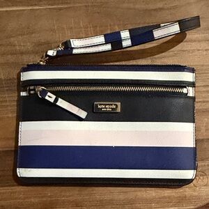 Kate Spade Navy and White Striped Wristlet 5”x7” two zippers